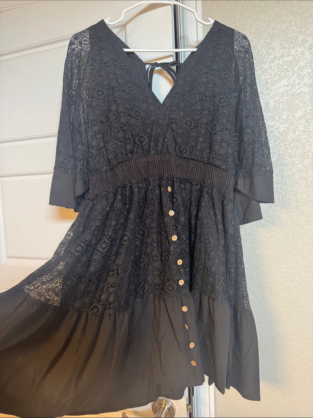 Women's Black Lace V-Neck Button Front Dress